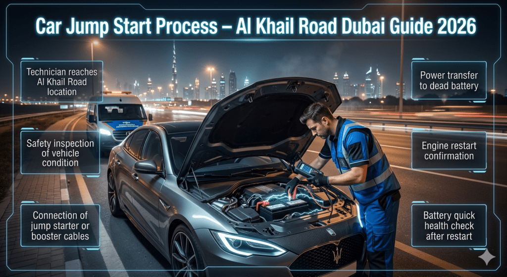 A cinematic roadside assistance scene on Al Khail Road Dubai showing a technician performing a step-by-step car jump start process with futuristic instructional panels.