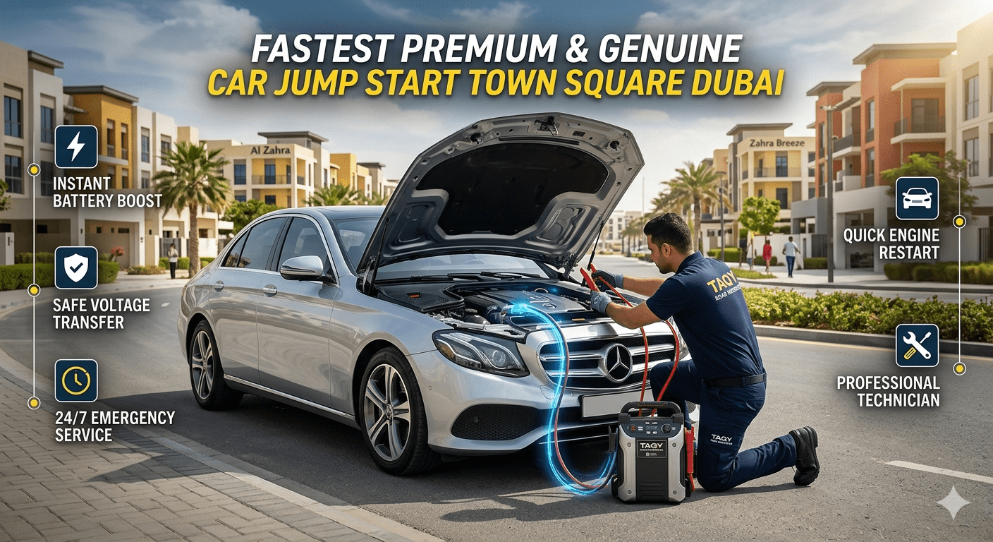 Technician performing car jump start in Town Square Dubai with booster cables and highlighted service features around vehicle