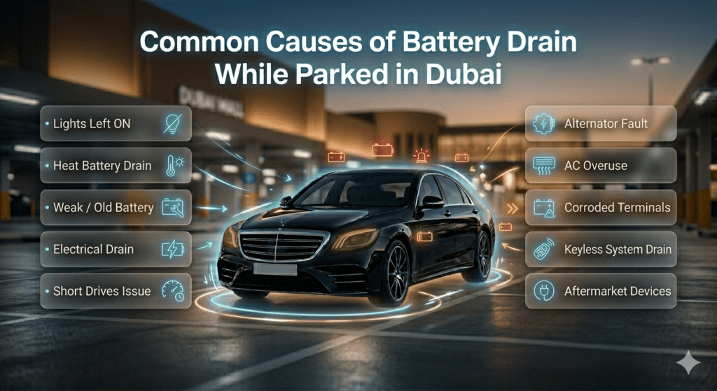 Infographic showing common causes of battery drain while a car is parked in Dubai, including heat and electrical issues.