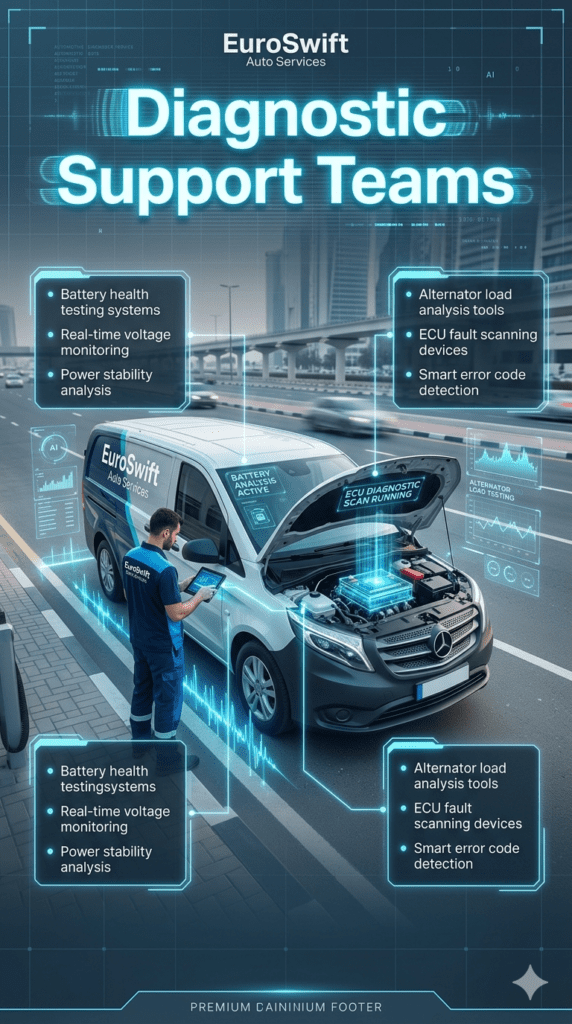 Diagnostic support teams in Dubai performing battery health testing, alternator load analysis, and ECU fault scanning using advanced tools and mobile diagnostic van.