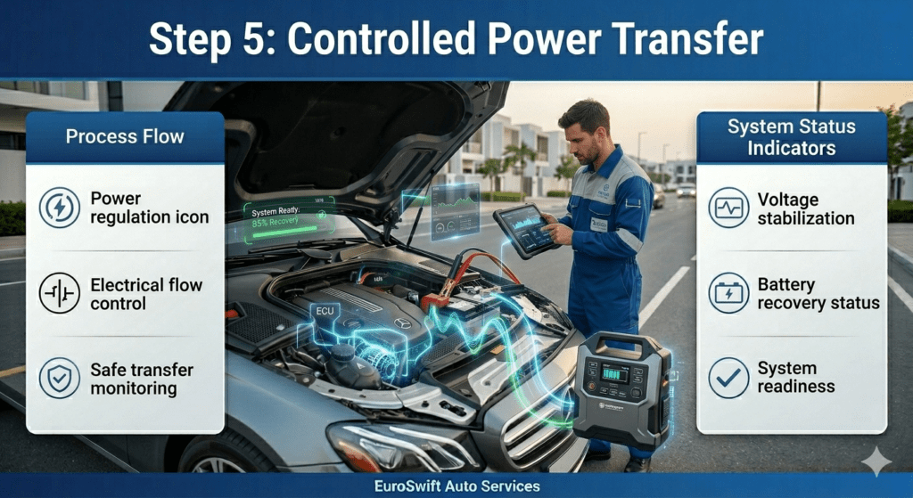 Technician monitoring controlled electrical power transfer into a car battery using a booster device during roadside jump start service.
