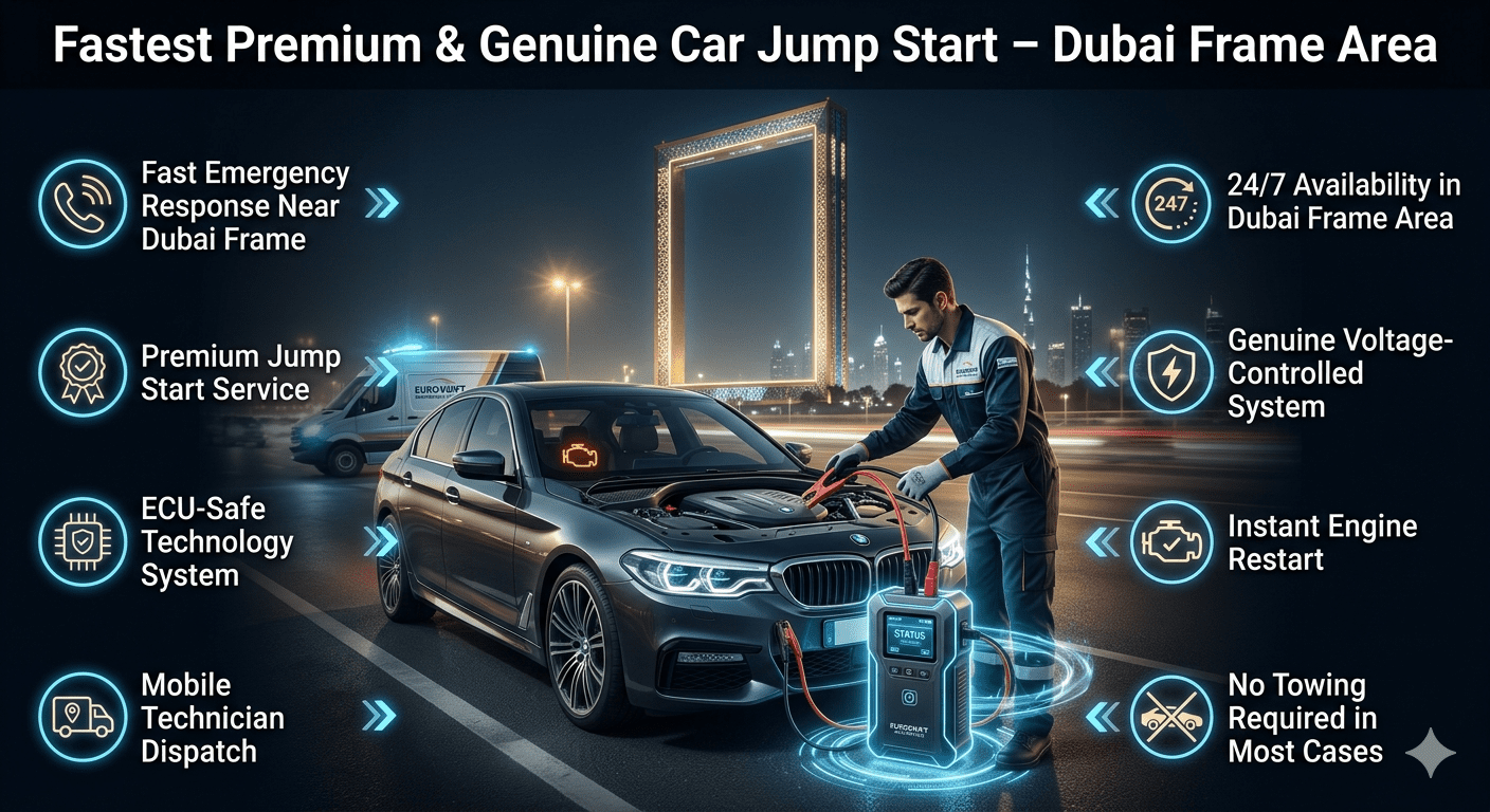 Professional technician performing emergency car jump start near Dubai Frame using mobile booster equipment and safe roadside assistance system.