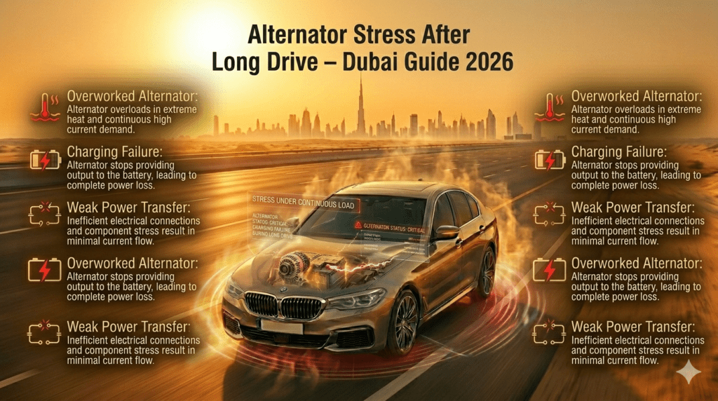 Car alternator stress in Dubai after long drive causing charging failure and weak power transfer