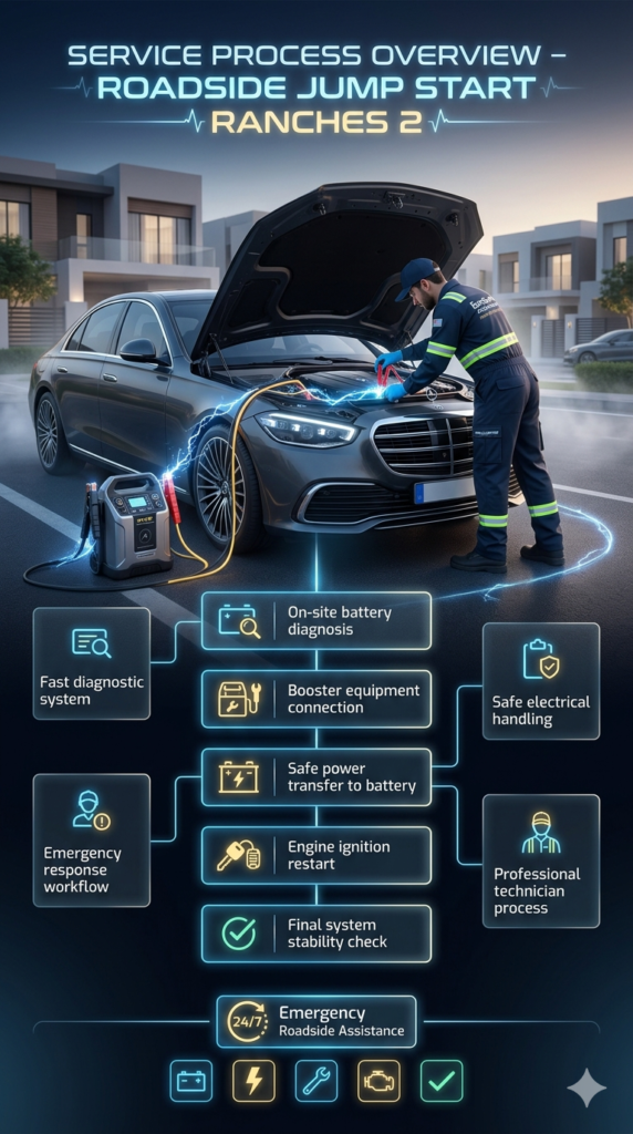 Step-by-step roadside jump start process in Ranches 2 showing technician performing battery diagnosis, booster connection, power transfer, ignition restart, and final system check.