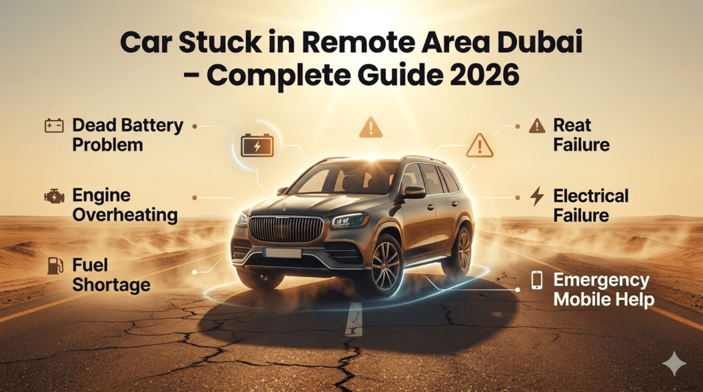 Car stuck in remote area Dubai showing battery failure and emergency breakdown situation in desert
