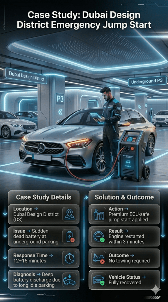 Premium automotive case study infographic showing emergency jump start service in Dubai Design District underground parking with luxury car, ECU-safe recovery, and fast roadside response.