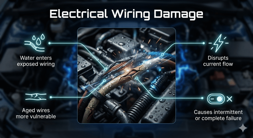 Car electrical wiring with water exposure causing current disruption and system failure