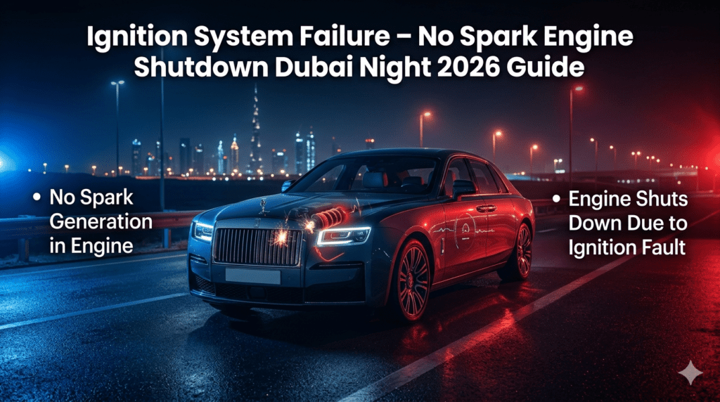 Ignition system failure at night in Dubai showing no spark generation causing engine shutdown and roadside breakdown.