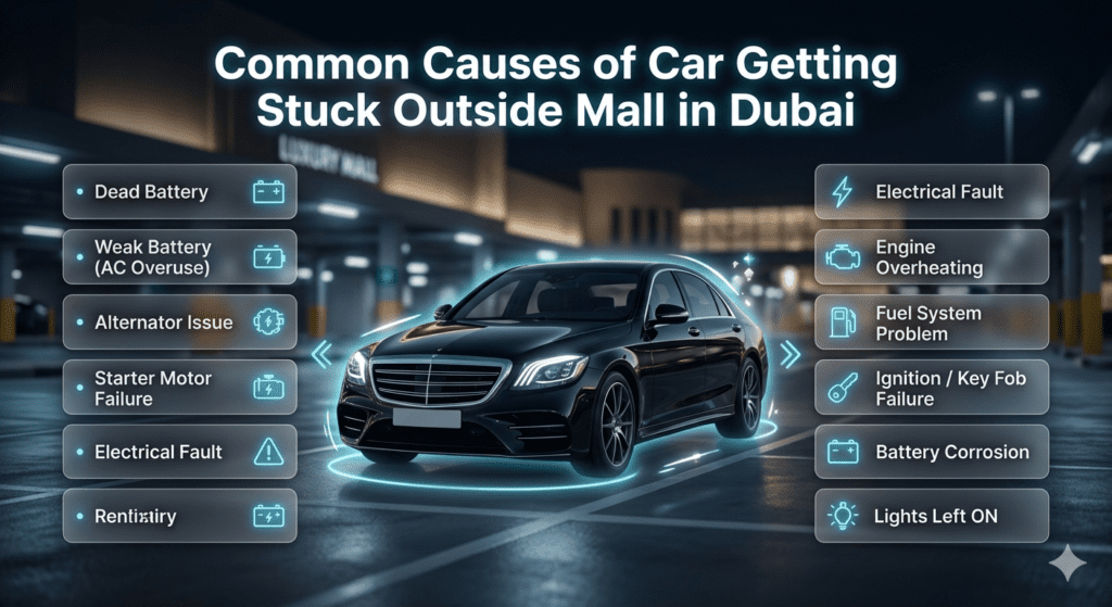 Infographic showing common causes of a car getting stuck outside a Dubai mall, including battery issues and mechanical faults.