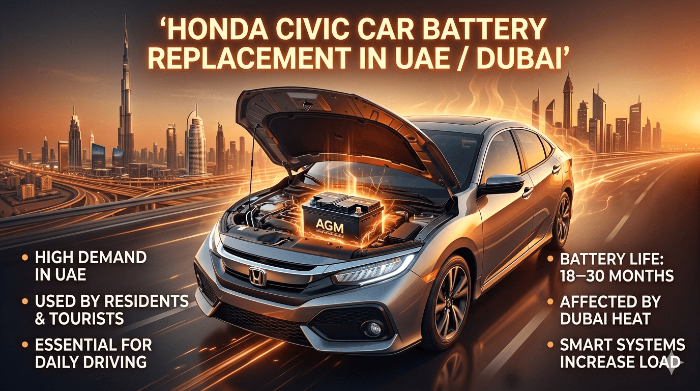 Honda Civic car battery replacement in UAE Dubai showing battery lifespan 18 to 30 months and impact of extreme heat on vehicle performance