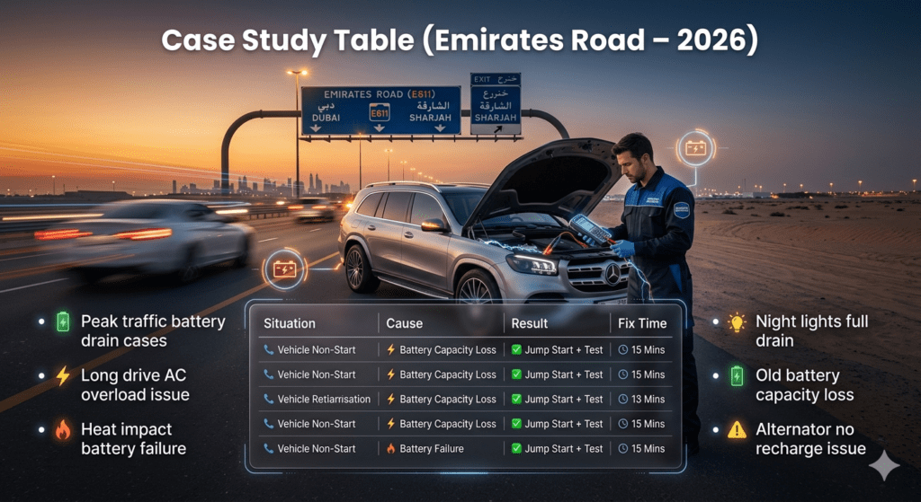 case study table showing car battery failure situations causes results and fix time on Emirates Road Dubai E611 highway 2026