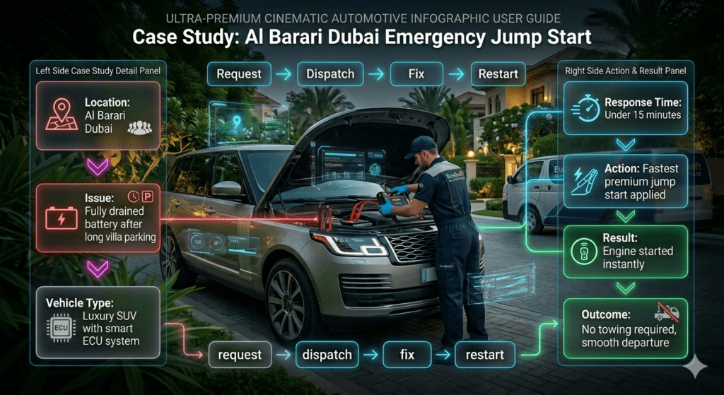 Case study infographic showing Al Barari Dubai emergency jump start with EuroSwift Auto Services, including drained battery issue, fast response, jump start action, and instant engine restart without towing.