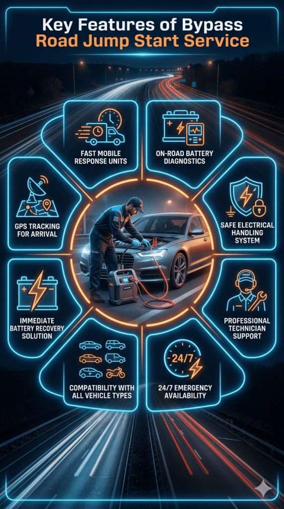 Bypass Road jump start service features infographic showing fast response, diagnostics, safe electrical system, technician support, 24/7 availability, vehicle compatibility, and instant battery recovery.