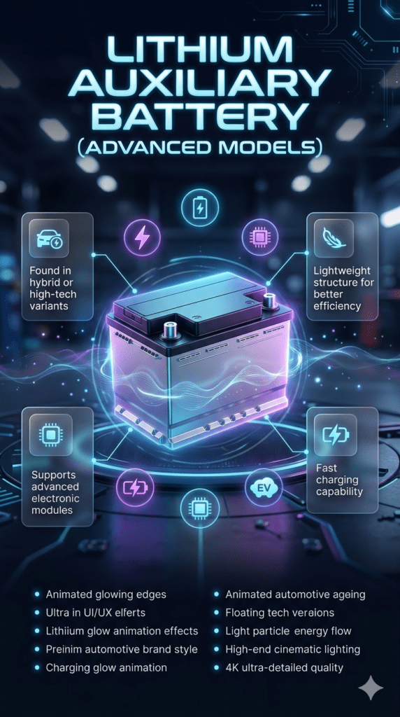 Lithium auxiliary battery infographic showing advanced hybrid vehicle use, lightweight design, fast charging, and electronic module support in futuristic automotive layout