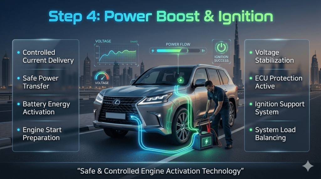 Power boost and ignition step showing technician delivering controlled current to car battery with voltage stabilization and engine start support