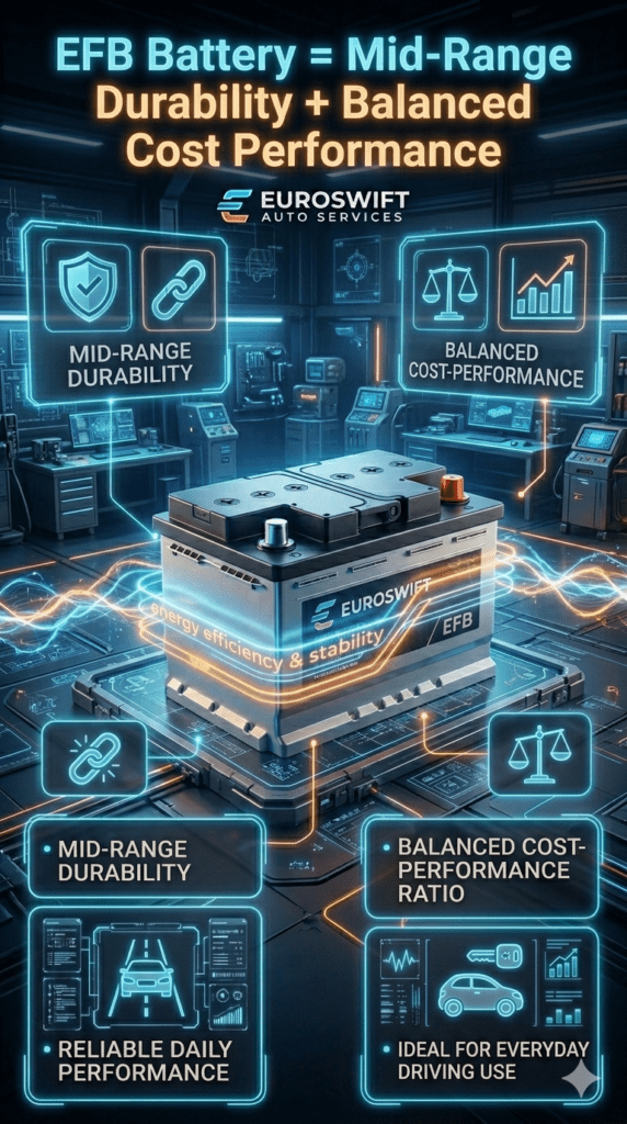 EFB car battery infographic showing mid-range durability, balanced cost-performance, and suitability for daily-use vehicles with a central battery display and feature highlights.