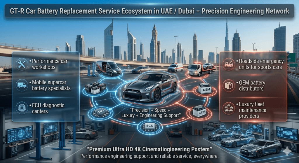 GT-R battery replacement service ecosystem infographic UAE Dubai showing workshops, mobile battery specialists, ECU diagnostics, roadside assistance, and OEM distributors network.