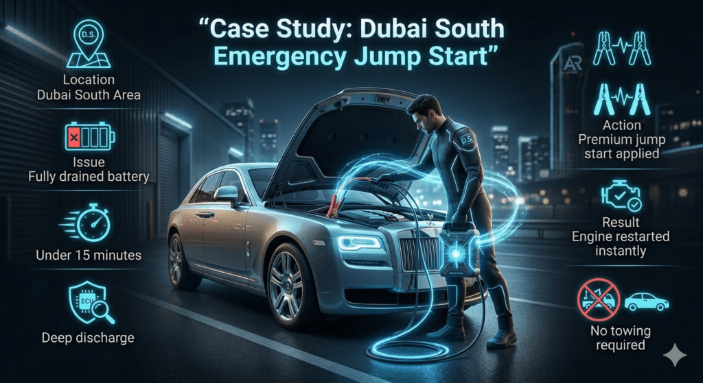 Case study of emergency jump start in Dubai South showing technician restoring a fully drained car battery with key details displayed