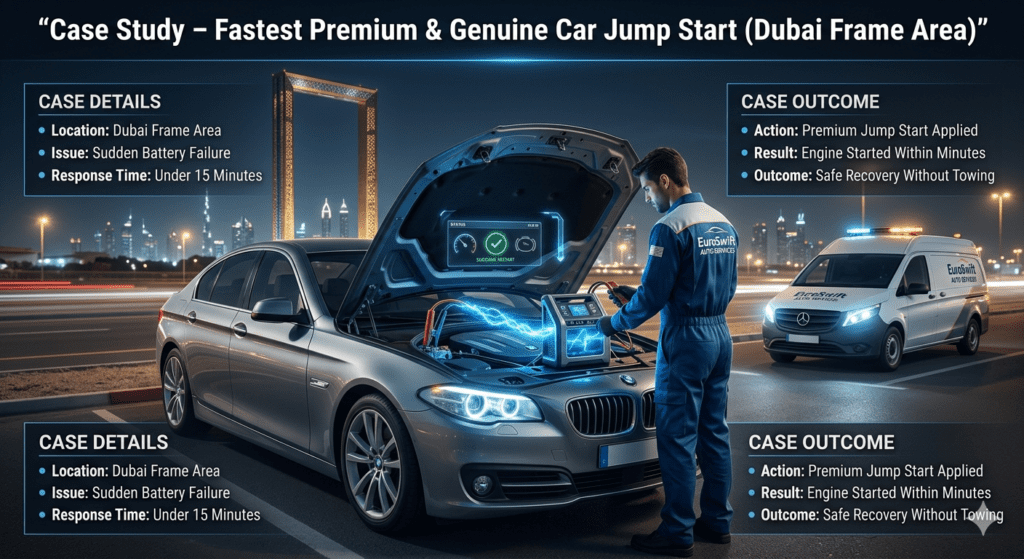 Emergency roadside jump start case study near Dubai Frame showing technician performing safe battery boost and successful vehicle recovery.