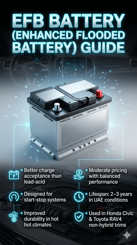 EFB Battery guide showing features, benefits, lifespan, and usage in Honda Civic and Toyota RAV4 vehicles.