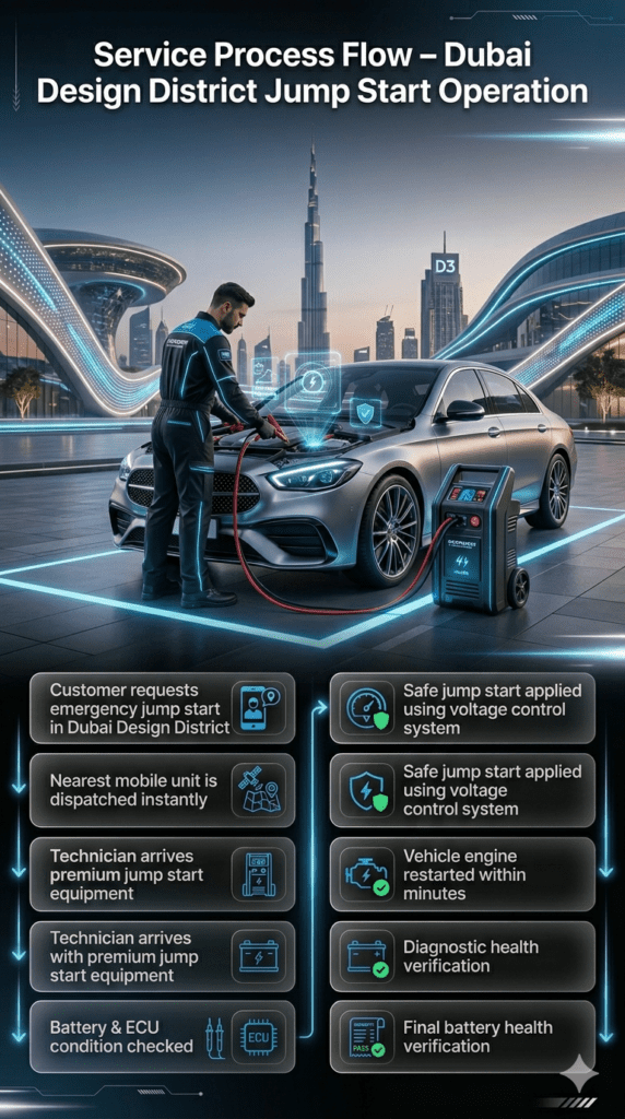 Premium automotive infographic showing step-by-step jump start service process in Dubai Design District with mobile technician, ECU-safe system, and luxury vehicle roadside assistance.