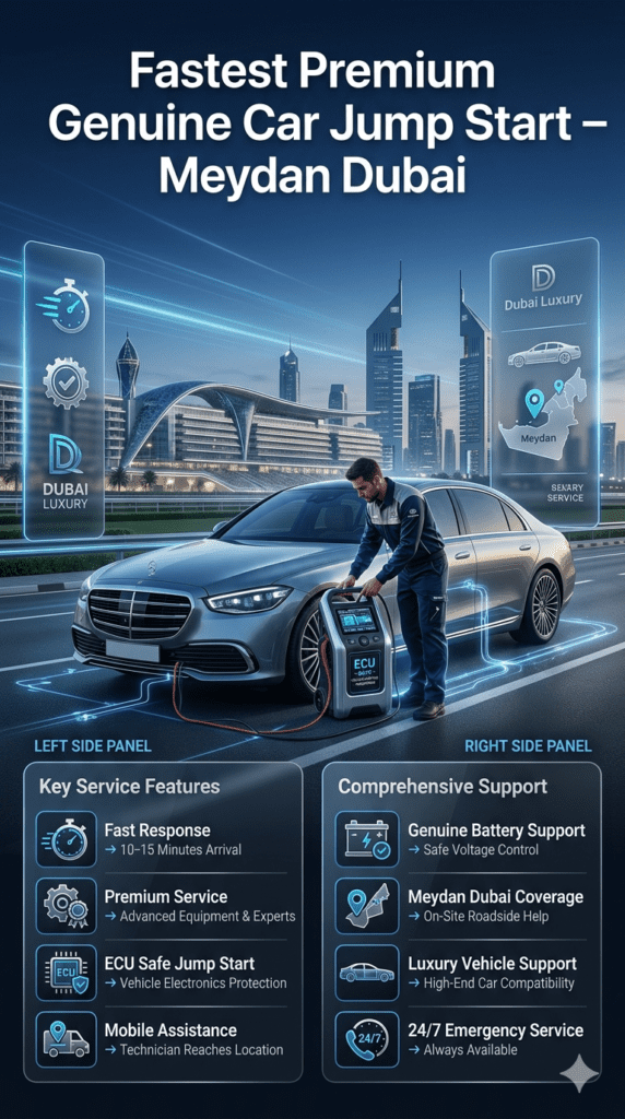 Premium automotive user guide infographic showing fast ECU-safe jump start service in Meydan Dubai with luxury car support, mobile technician assistance, and 24/7 emergency roadside service.