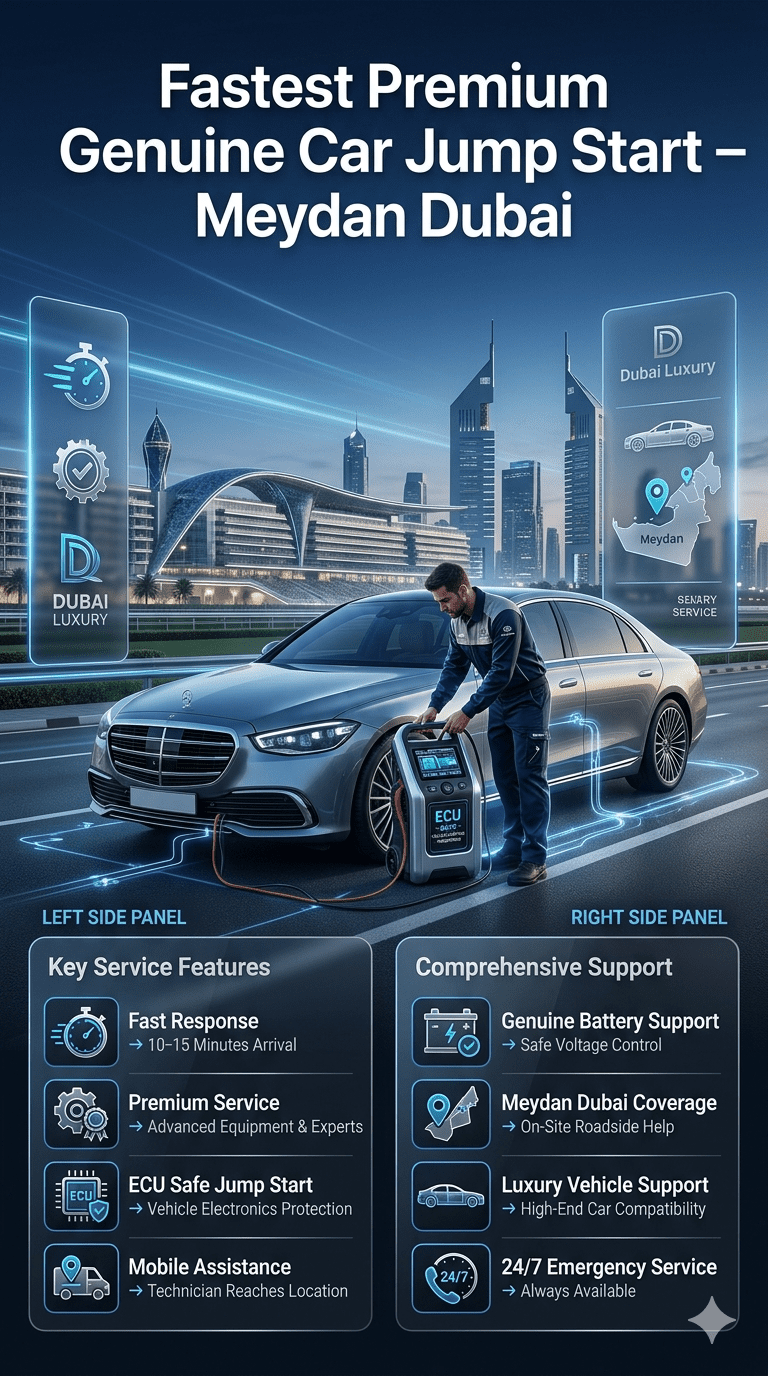 Premium automotive user guide infographic showing fast ECU-safe jump start service in Meydan Dubai with luxury car support, mobile technician assistance, and 24/7 emergency roadside service.