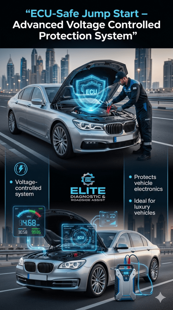 ECU-safe jump start service showing technician using voltage-controlled system to protect electronics in luxury cars like BMW, Mercedes, and Audi.