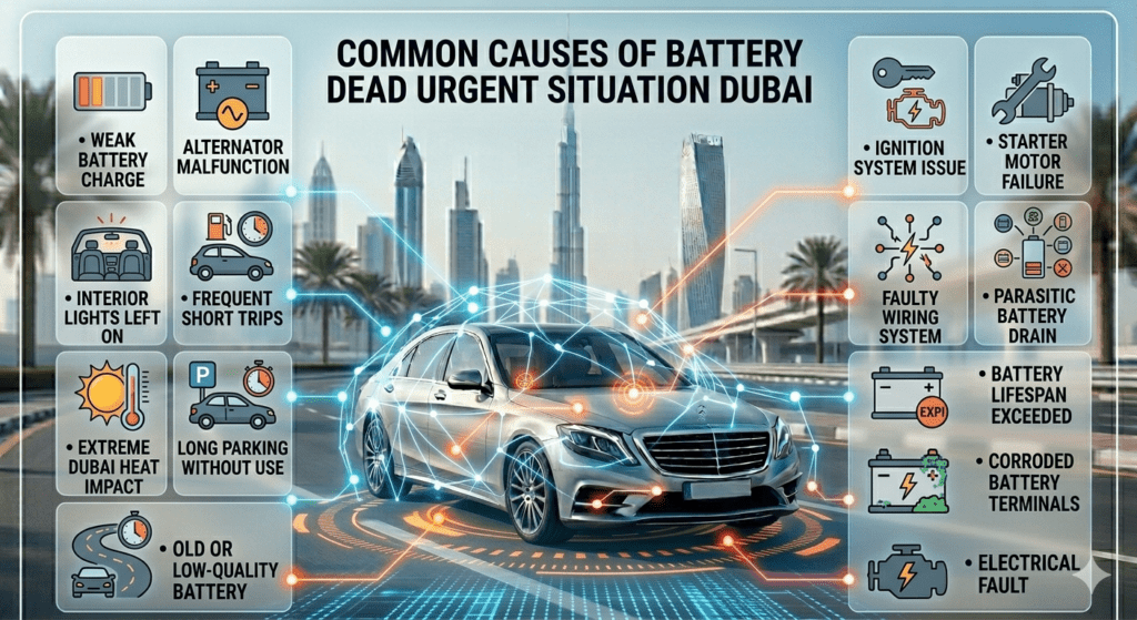 Common causes of battery dead urgent situation in Dubai showing car battery failure reasons and warning factors
