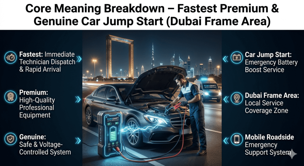Professional roadside technician performing safe emergency jump start near Dubai Frame using mobile booster equipment and premium assistance system.