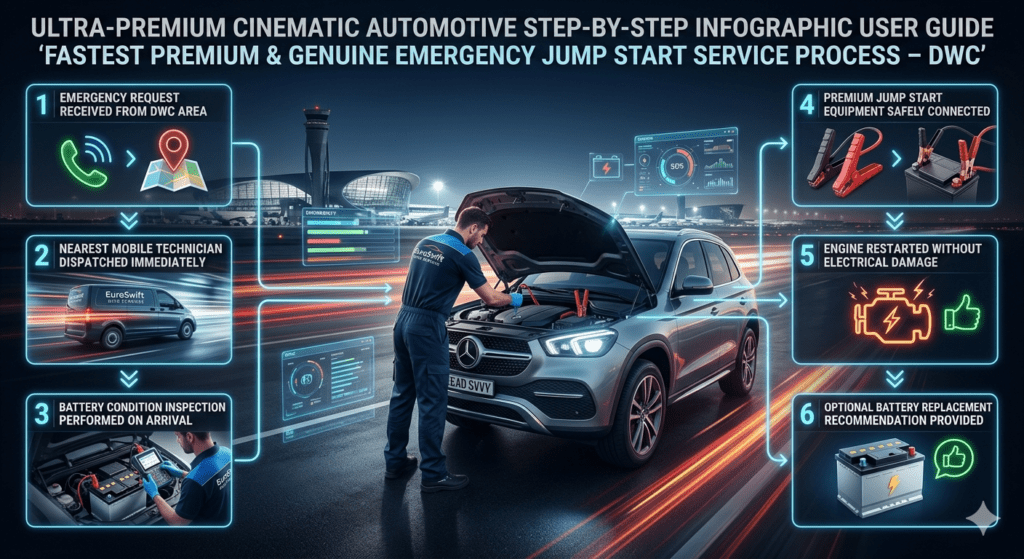 Step-by-step infographic showing DWC emergency jump start service process including request, dispatch, inspection, jump start, engine restart, and battery recommendation by EuroSwift Auto Services.