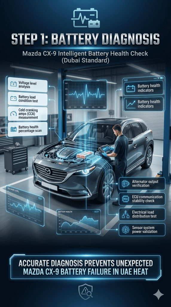Mazda CX-9 battery diagnosis infographic showing technician performing voltage, CCA, alternator, and ECU stability checks using digital scanning tools in a modern Dubai workshop.