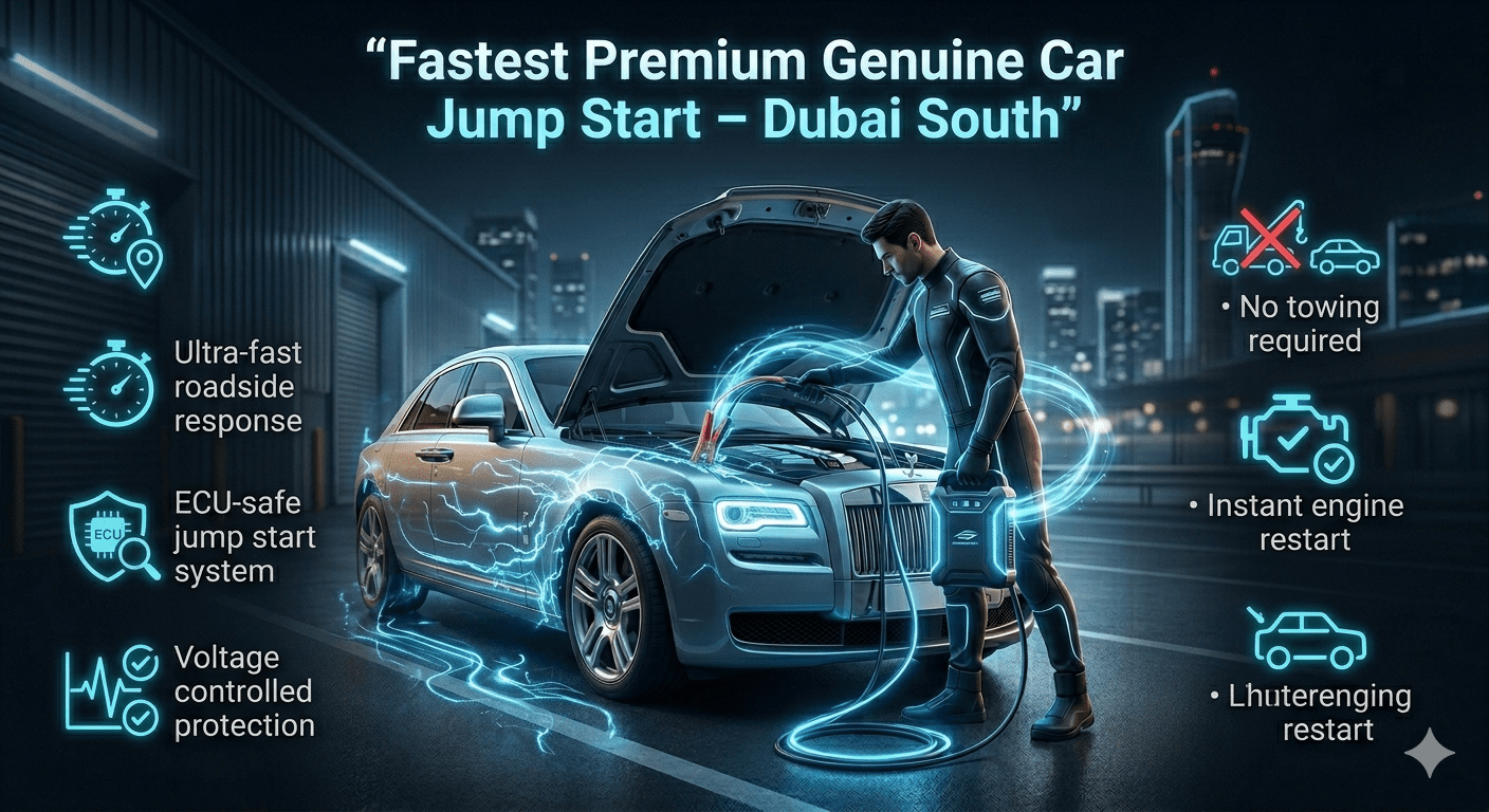Premium car jump start service in Dubai South showing technician boosting a luxury vehicle with key features displayed on both sides