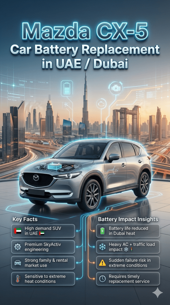 Mazda CX-5 battery replacement infographic showing SUV in Dubai environment with heat impact, battery performance issues, and UAE driving conditions.