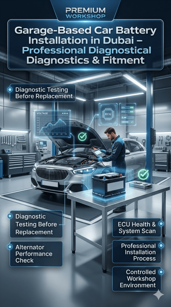 Car battery installation in modern garage workshop showing diagnostic testing, ECU check, alternator inspection, and professional controlled environment service.