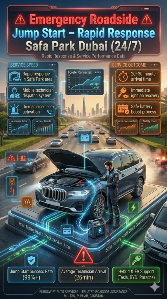 Emergency roadside jump start service showing technician quickly boosting a luxury car battery near Safa Park Dubai with fast response assistance.