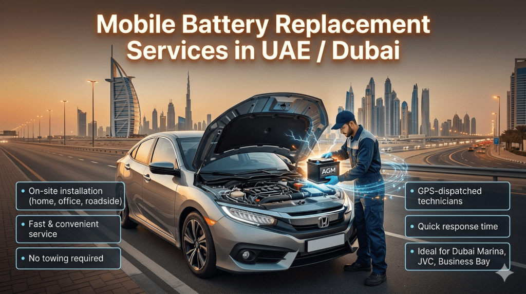 Mobile car battery replacement service in UAE Dubai showing on-site installation, GPS dispatched technicians, and emergency roadside assistance