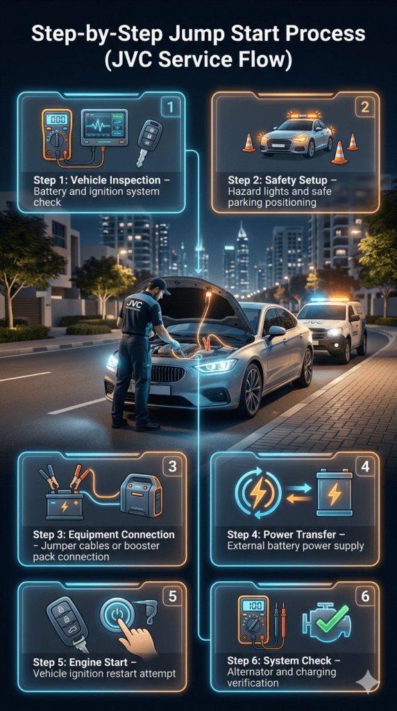 Step-by-step car jump start process in Jumeirah Village Circle showing vehicle inspection, safety setup, equipment connection, power transfer, engine start, and system check in a structured infographic flow.