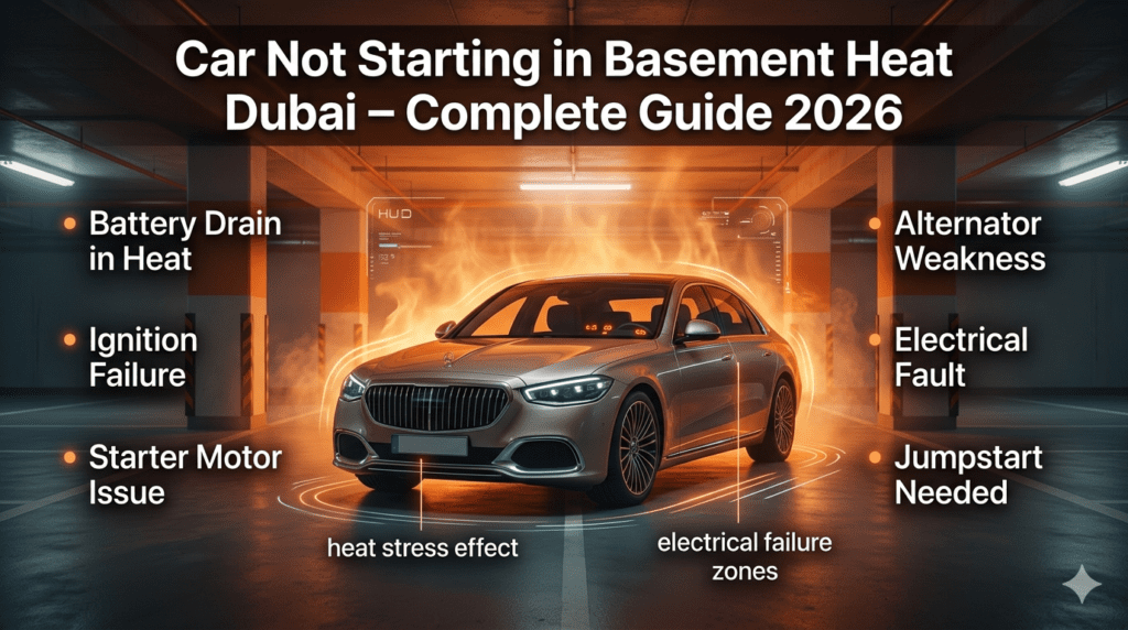 Luxury car not starting in Dubai basement parking due to heat, with infographic showing battery drain, ignition failure, and electrical issues.