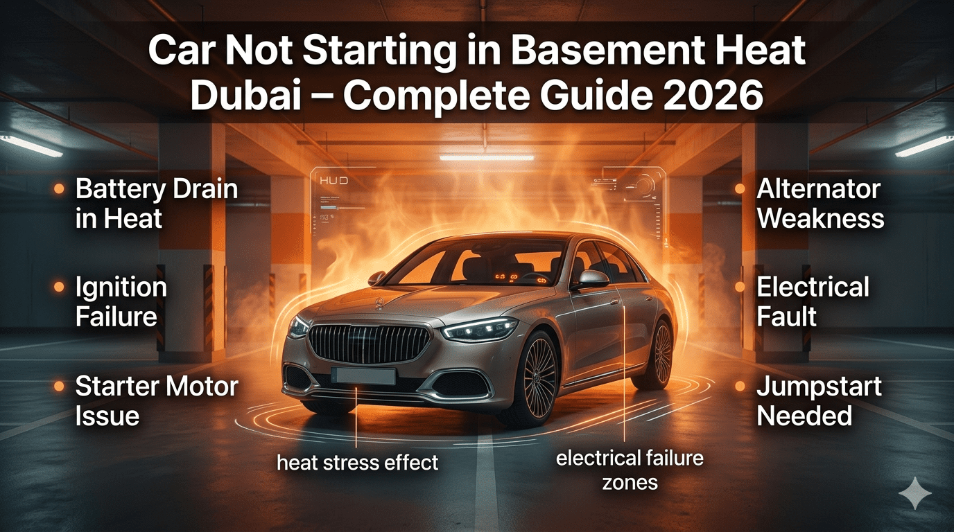 Luxury car not starting in Dubai basement parking due to heat, with infographic showing battery drain, ignition failure, and electrical issues.