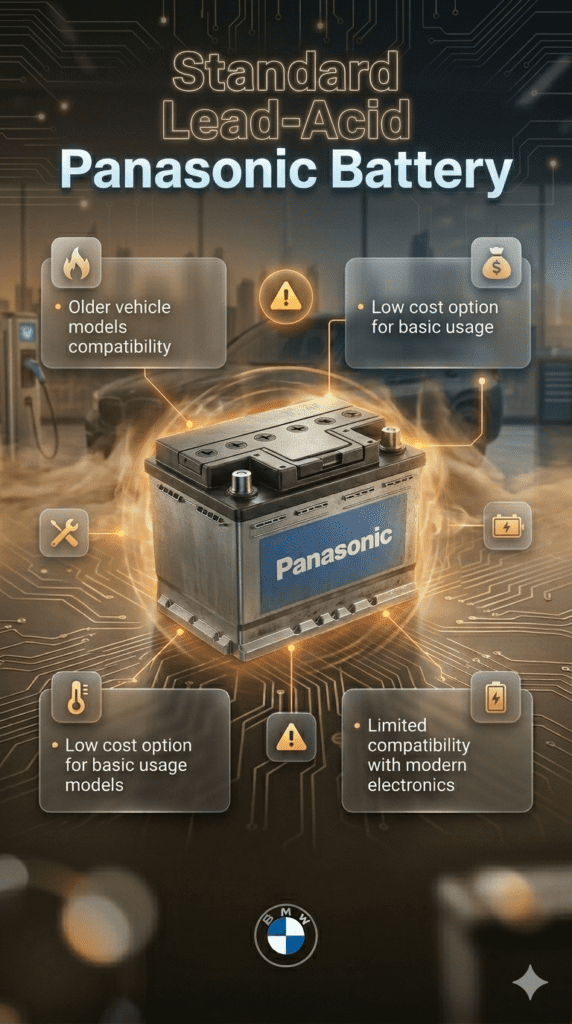 Standard lead-acid Panasonic battery infographic showing use in older vehicle models, low cost advantage, and limited compatibility with modern electronics in Dubai conditions