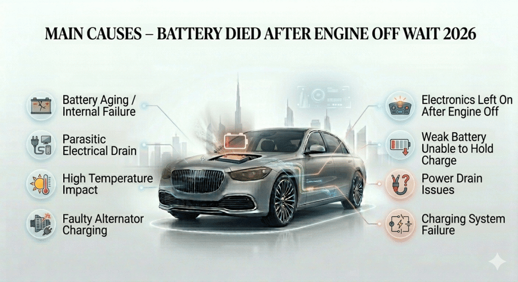 Main causes of battery dying after engine off wait shown in a clean automotive infographic with points