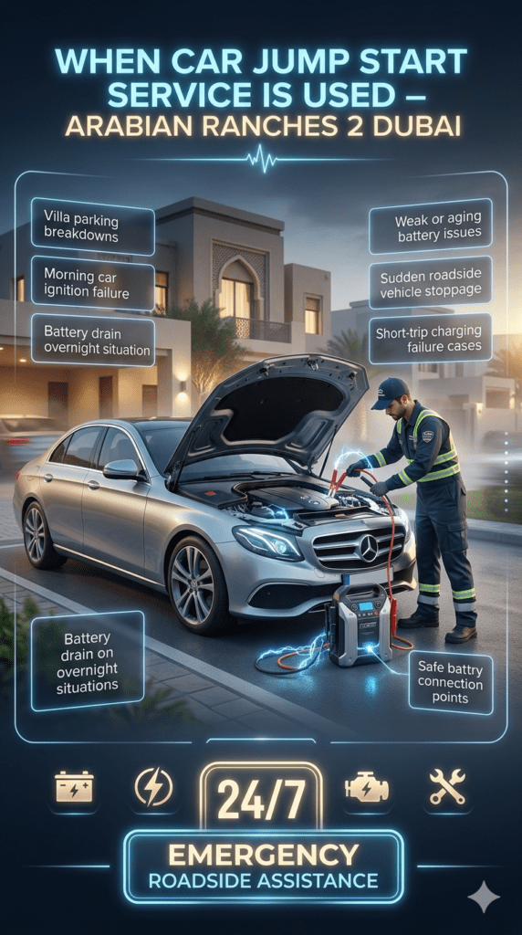 Emergency jump start service in Arabian Ranches 2 showing common breakdown situations like villa parking failure, battery drain, weak battery, and roadside stoppage with technician assistance.