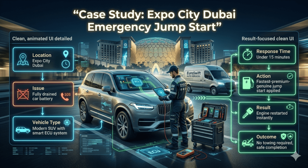 Case study infographic showing emergency jump start service in Expo City Dubai with EuroSwift Auto Services, including issue, response time, action, result, and outcome for a modern SUV with drained battery.