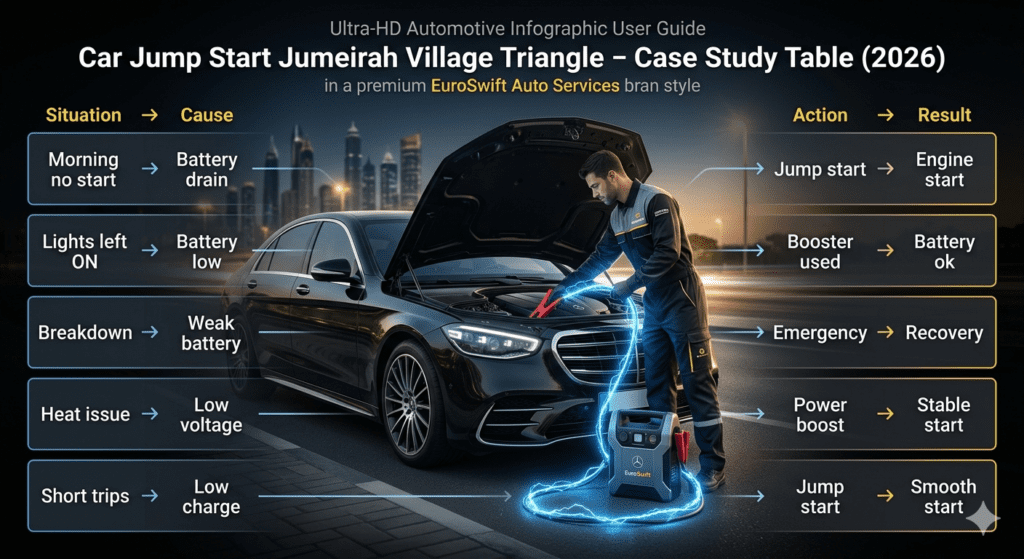 Case study table of car jump start service in Jumeirah Village Triangle showing different battery failure situations and solutions around a technician boosting a car.