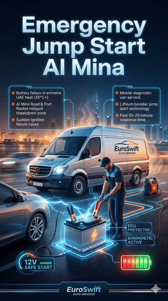 Luxury roadside emergency jump start service in Al Mina Dubai showing technician using lithium booster on car battery with EuroSwift Auto Services van, futuristic infographic design with UAE industrial background and heat effects.
