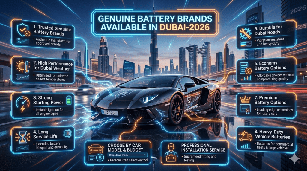 infographic showing a luxury Lamborghini in the center with Dubai skyline background and bold title at top reading Genuine Battery Brands Available in Dubai-2026. Side bullet points highlight trusted battery brands, Dubai weather durability, strong starting power, long service life, economy options, premium options, heavy-duty batteries, and choosing by car model and budget. Futuristic glowing effects and luxury automotive design.
