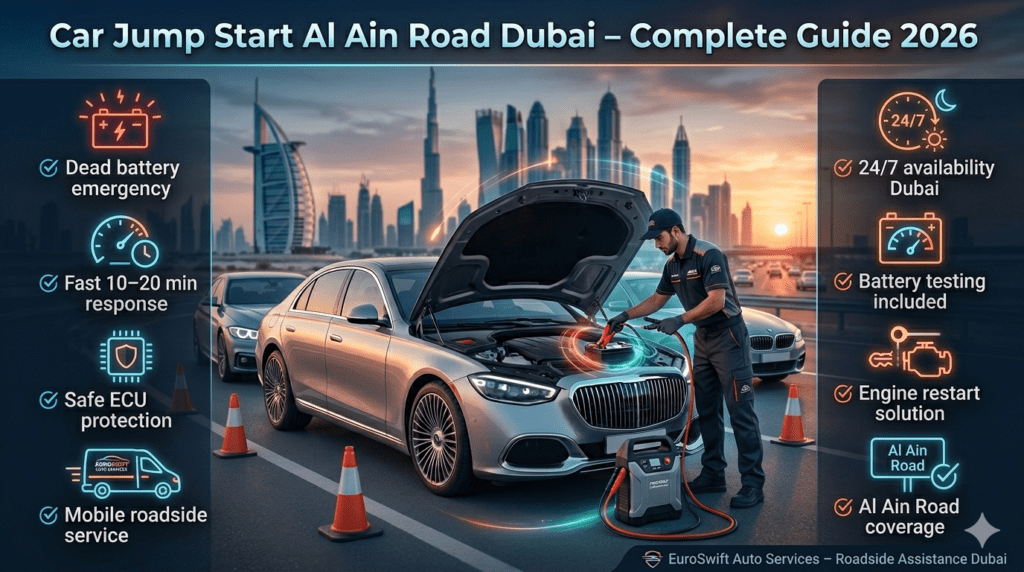Car Jump Start Al Ain Road Dubai roadside emergency service showing professional technician restarting a dead car battery with jump starter device on Dubai highway with infographic guide layout and safety points.