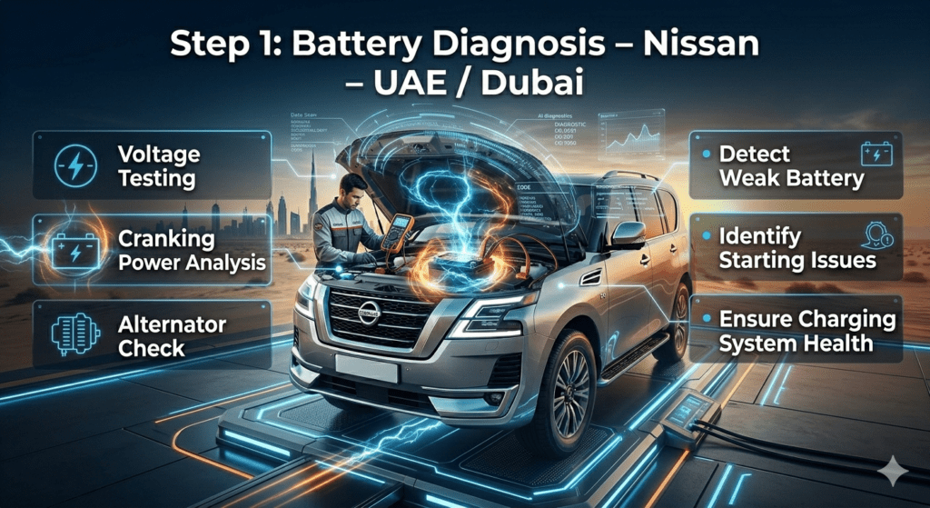 Technician performing Nissan car battery diagnosis in Dubai using digital tester showing voltage testing, cranking power analysis, and alternator check.