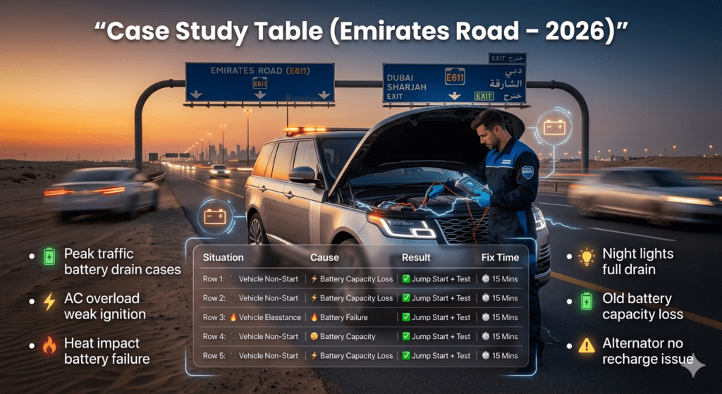 case study table showing car battery failure situations causes results and fix time on Emirates Road Dubai highway 2026